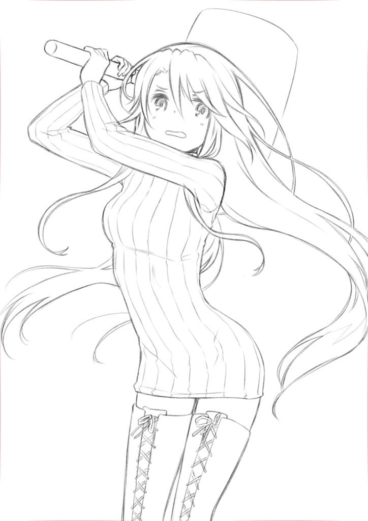 archellaura boots copyright_request cross-laced_footwear dress greyscale lace-up_boots lineart long_hair mallet monochrome simple_background solo sweater sweater_dress thigh_boots thighhighs