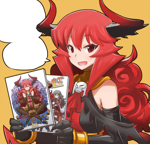 bare_shoulders black_gloves bracelet breasts curly_hair demon_girl demon_tail elbow_gloves fang fourth_wall gloves horns jewelry long_hair manga_(object) maou_beluzel matsuda_yuusuke medium_breasts open_mouth red_eyes red_hair simple_background smile solo speech_bubble tail yuusha_to_maou