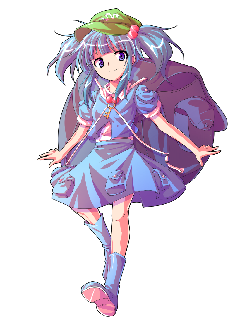 alphes_(style) backpack bag blue_hair boots dairi full_body hair_bobbles hair_ornament hat kawashiro_nitori key looking_at_viewer parody purple_eyes short_hair skirt smile solo style_parody touhou transparent_background two_side_up
