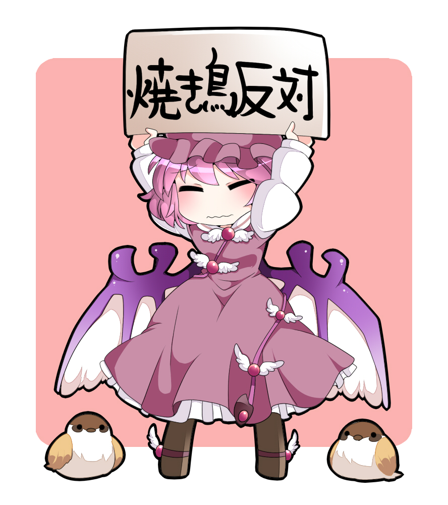arms_up bird dress eurasian_tree_sparrow hammer_(sunset_beach) hat holding holding_sign mystia_lorelei pink_dress pink_hair short_hair sign solo sparrow touhou translated wavy_mouth wings
