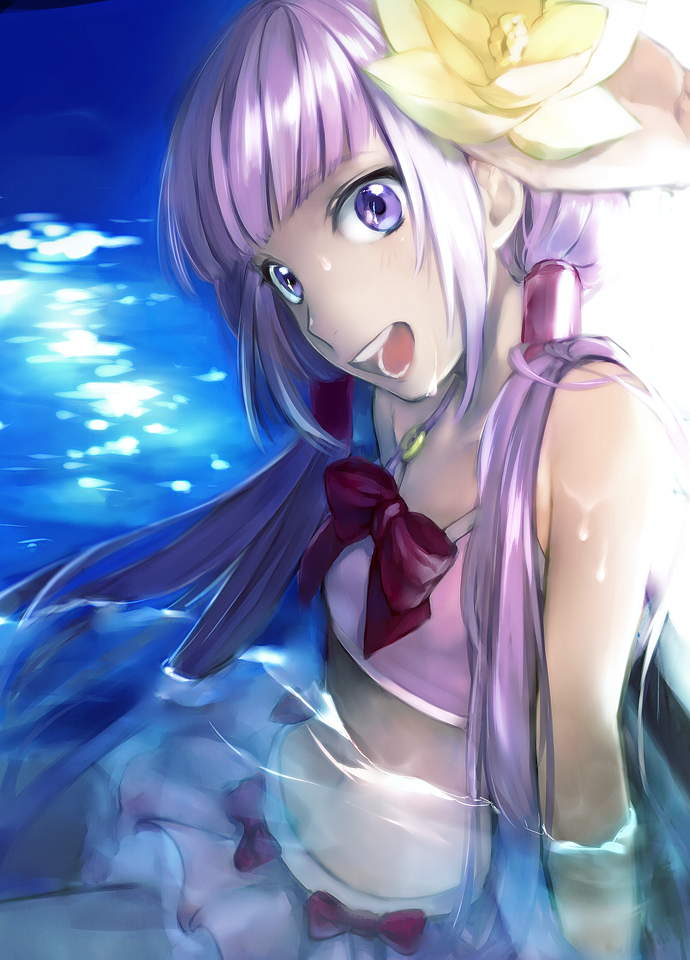 bad_id bad_pixiv_id bikini bow flower hair_flower hair_ornament long_hair maruishi partially_submerged pink_bikini purple_eyes purple_hair smile solo sophie_(tales) swimsuit tales_of_(series) tales_of_graces twintails water wet