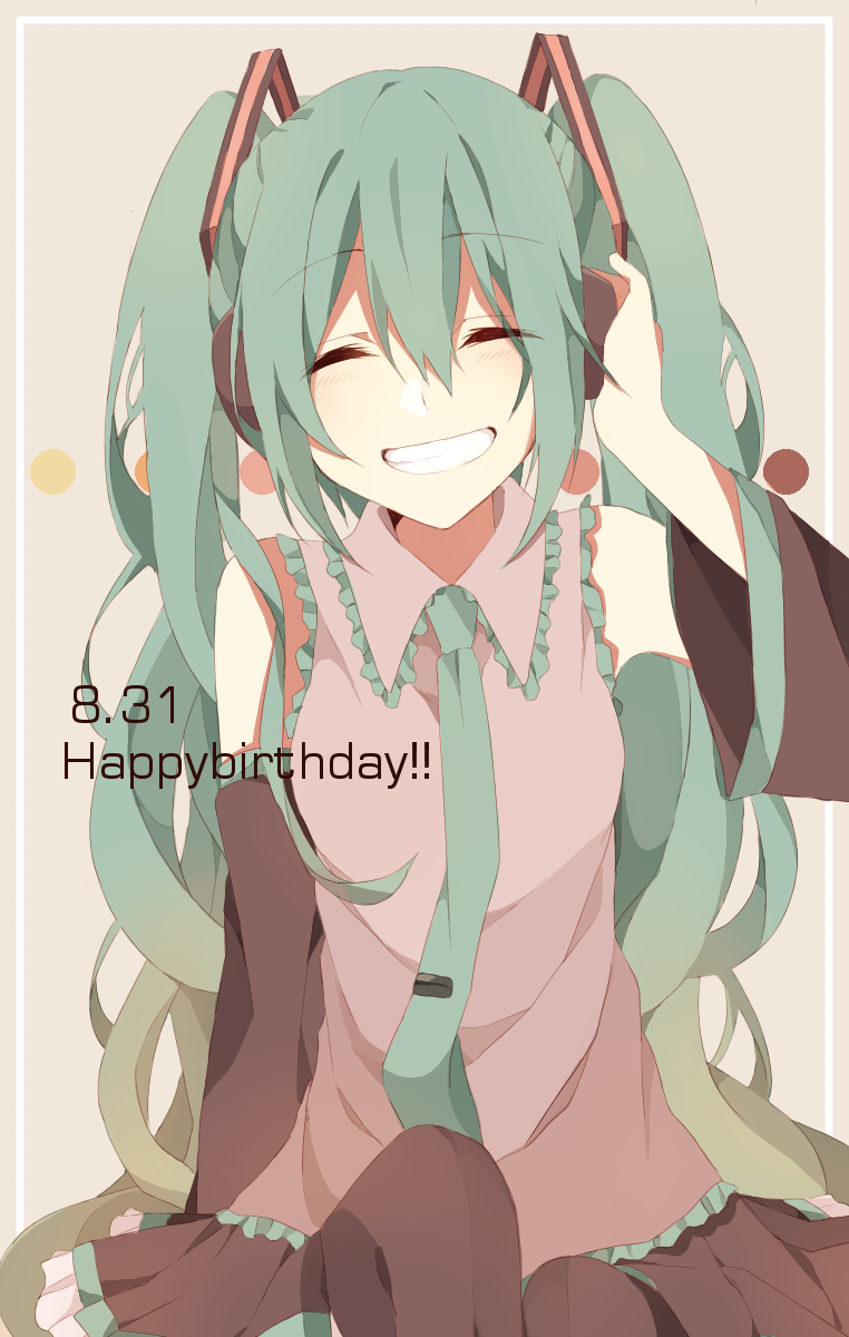 closed_eyes dated green_hair grin hand_on_headphones happy_birthday hatsune_miku headphones highres long_hair mattsu_(peperon708) necktie sitting smile solo twintails very_long_hair vocaloid
