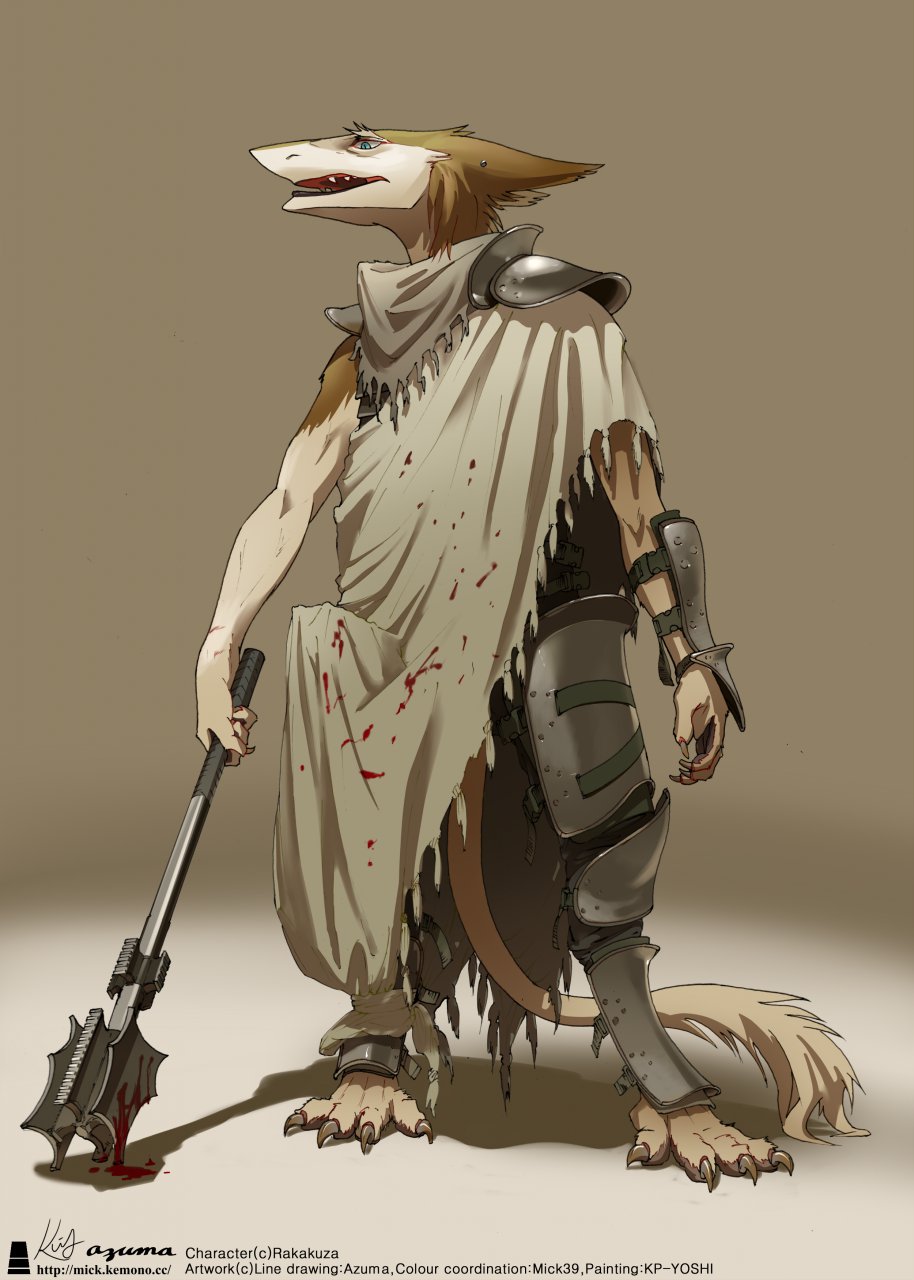 anthro armor barefoot blood blue_eyes brown_background brown_fur cape claws clothed clothing digitigrade ear_piercing fur invalid_tag mace male mick39 open_mouth piercing plain_background ralban sergal simple_background solo southern standing tan teeth toe_claws trancy_mick weapon white_fur young