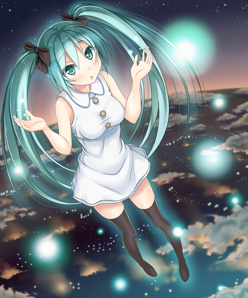bad_id bad_pixiv_id bow dansa dress green_eyes green_hair hair_bow hatsune_miku long_hair looking_at_viewer open_mouth solo thighhighs twintails very_long_hair vocaloid