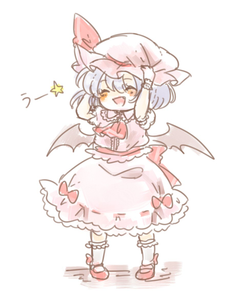 :d arms_up ascot bat_wings blue_hair closed_eyes dress hands_on_headwear hat hat_ribbon hat_tug maru_usagi mob_cap open_mouth pigeon-toed pink_dress puffy_sleeves remilia_scarlet ribbon sash short_sleeves simple_background smile solo touhou translated uu~ white_background wings