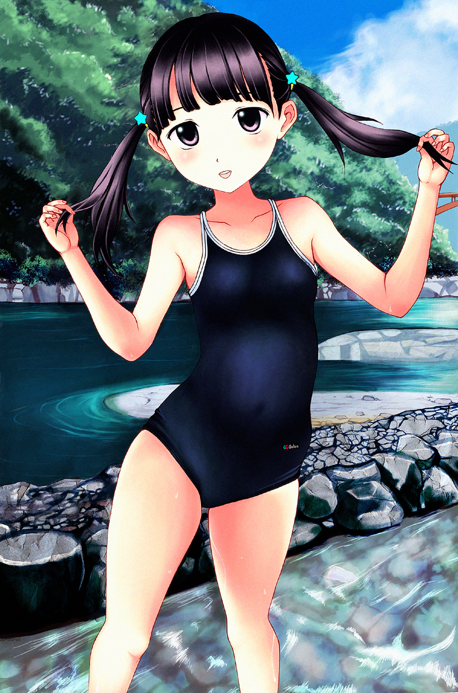 black_eyes black_hair competition_school_swimsuit highres long_hair neuron_(exceed) one-piece_swimsuit original river school_swimsuit solo swimsuit twintails