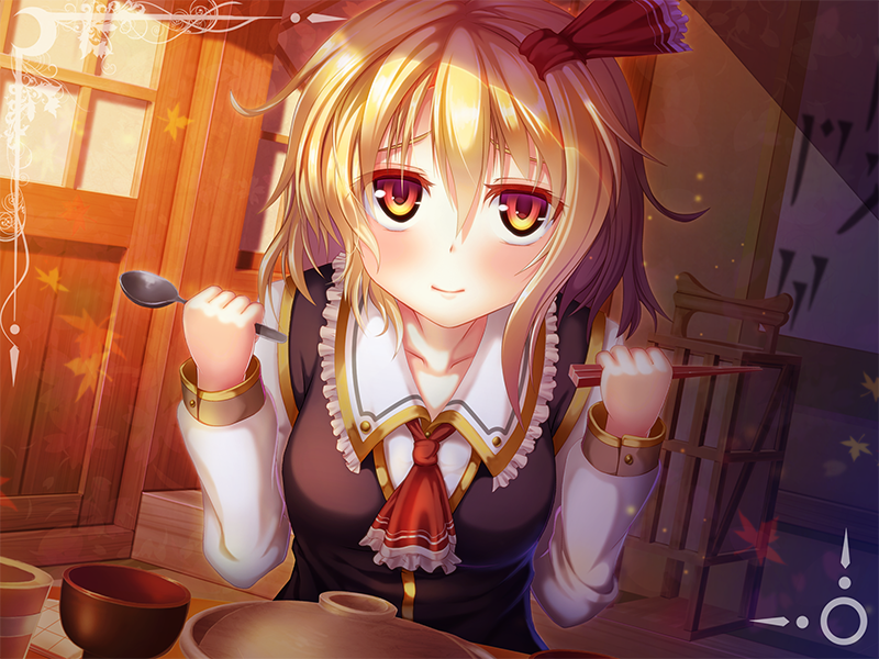 ascot blonde_hair bow bowl chopsticks collarbone dragoner hair_bow long_sleeves looking_at_viewer pov_across_table red_eyes rumia smile solo spoon table touhou vest