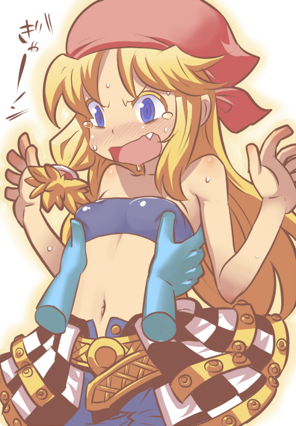 bandana bandeau bare_shoulders belt blonde_hair blue_eyes blush breast_grab breasts character_request checkered copyright_request disembodied_limb faulds grabbing groping hair_tubes hands long_hair matsuda_yuusuke navel open_fly showgirl_skirt small_breasts solo_focus strapless sweatdrop tears unzipped