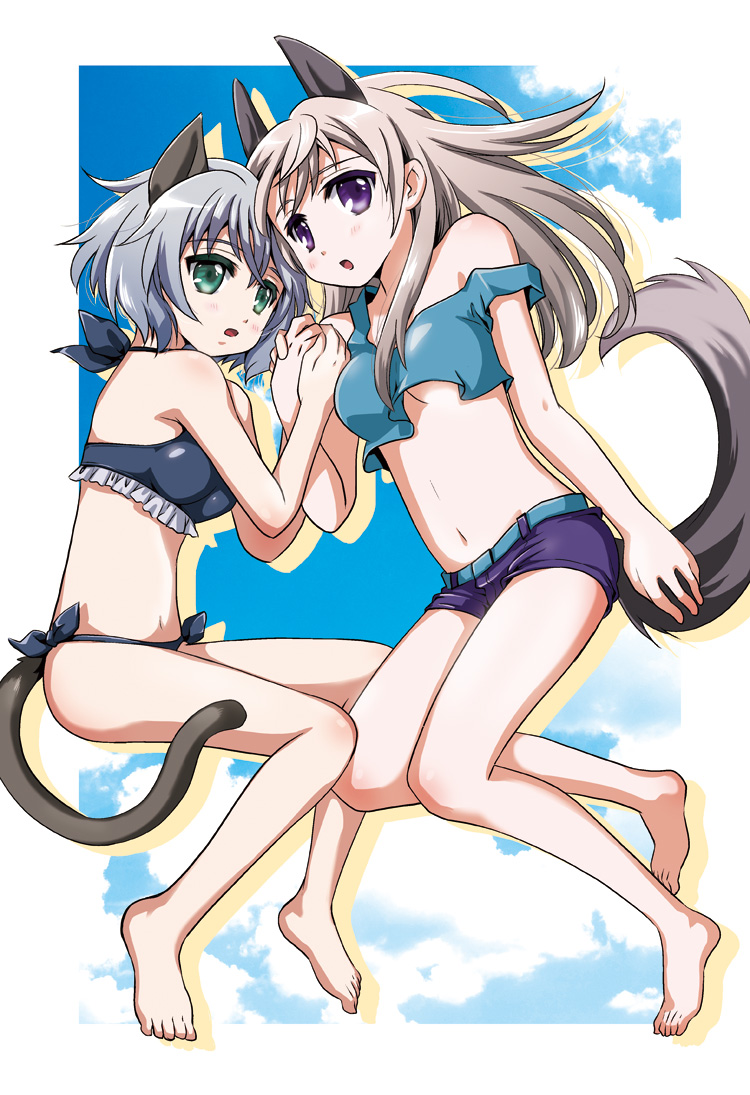 :o animal_ears barefoot belt bikini blonde_hair blue_eyes blush breasts casual cat_ears cloud crop_top crop_top_overhang eila_ilmatar_juutilainen frilled_bikini frills green_eyes hitsuji_gou holding_hands long_hair medium_breasts multiple_girls navel off_shoulder purple_eyes sanya_v_litvyak short_hair short_shorts shorts side-tie_bikini silver_hair sky strap_slip strike_witches swimsuit tail tank_top underboob world_witches_series