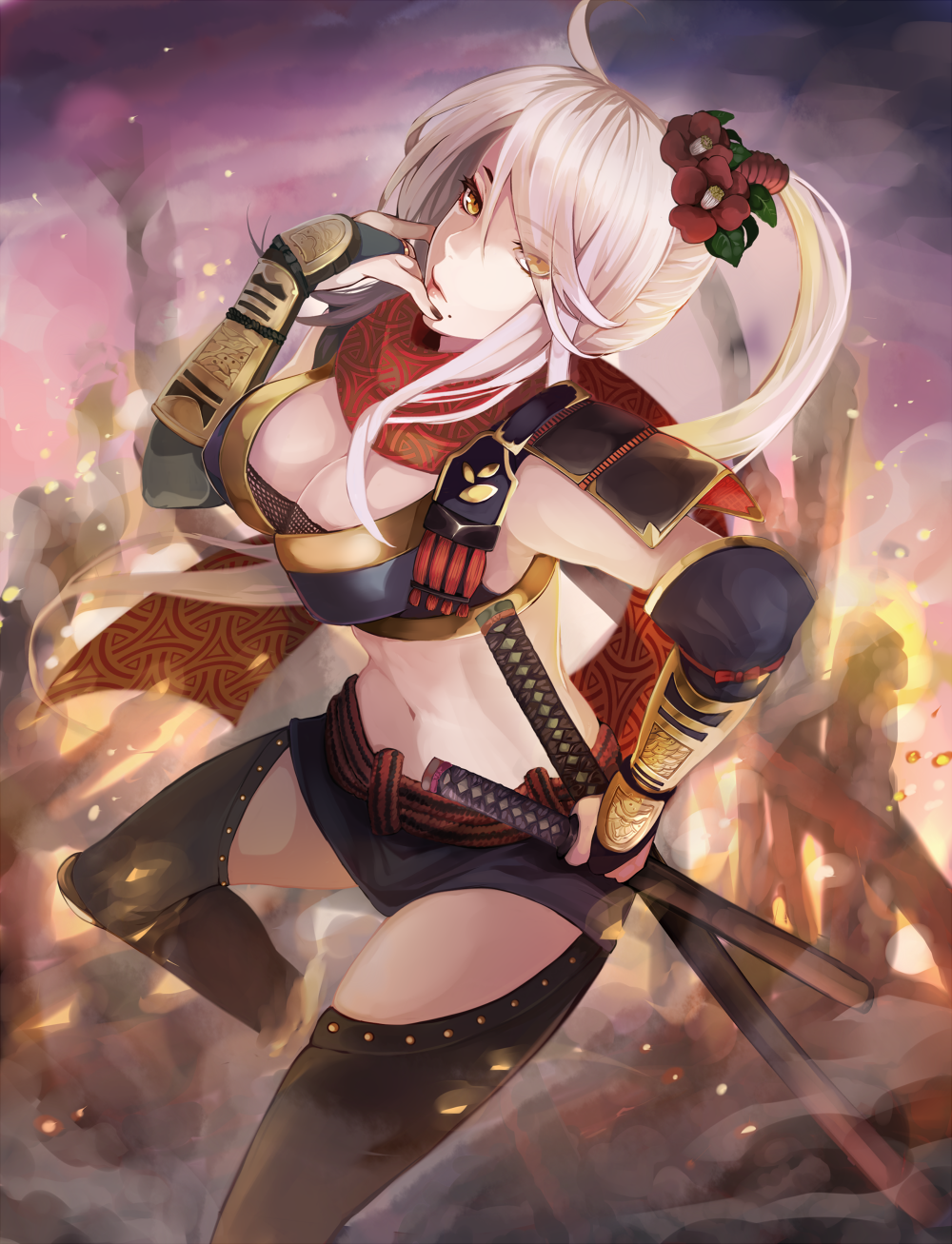 bad_id bad_pixiv_id breasts cleavage flower hair_flower hair_ornament high_ponytail highres katana large_breasts long_hair looking_at_viewer midriff mole mole_under_mouth navel original pink_hair sengoku_taisen settyaro solo sword weapon yellow_eyes