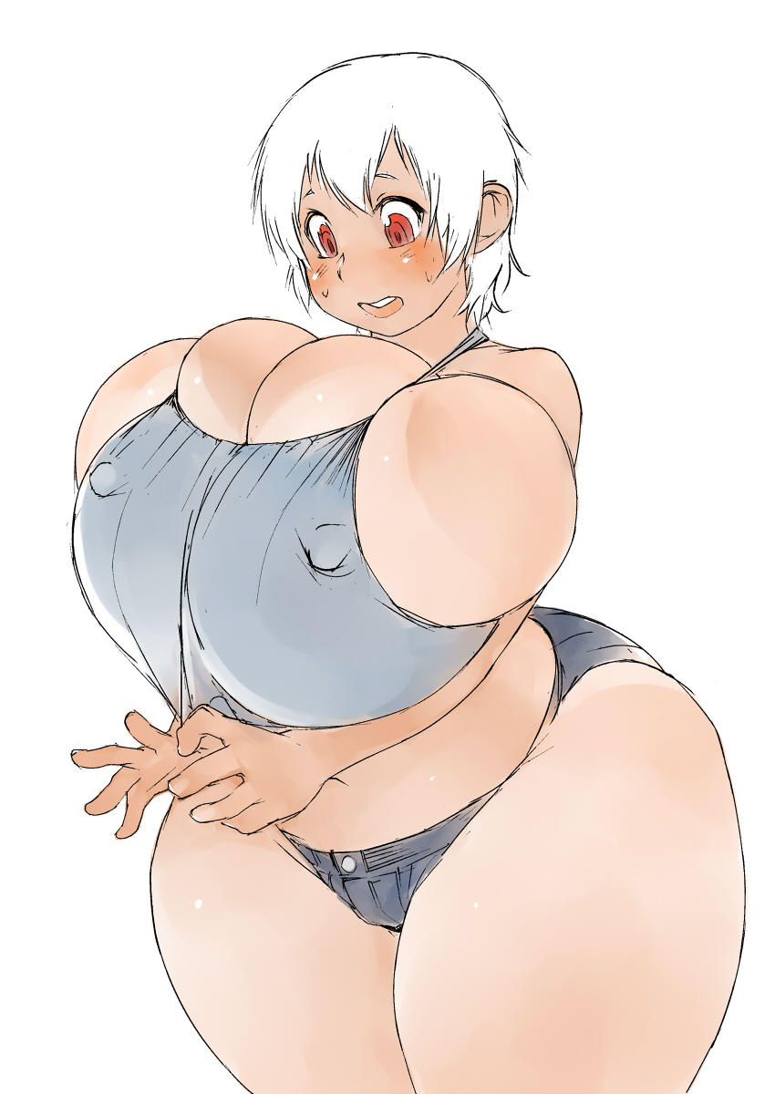 ass blush breast_expansion breasts bursting_breasts deep_skin erect_nipples gigantic_breasts huge_ass plump red_eyes shirt_tug surprised tanline tixil white_background white_hair wide_hips