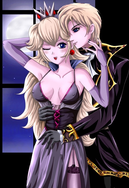 1boy 1girl blonde_hair blue_eyes blush breasts cleavage closed_mouth dress earrings jewelry long_gloves long_hair nail_polish open_mouth princess_peach sigurdhosenfeld smile super_mario_bros.