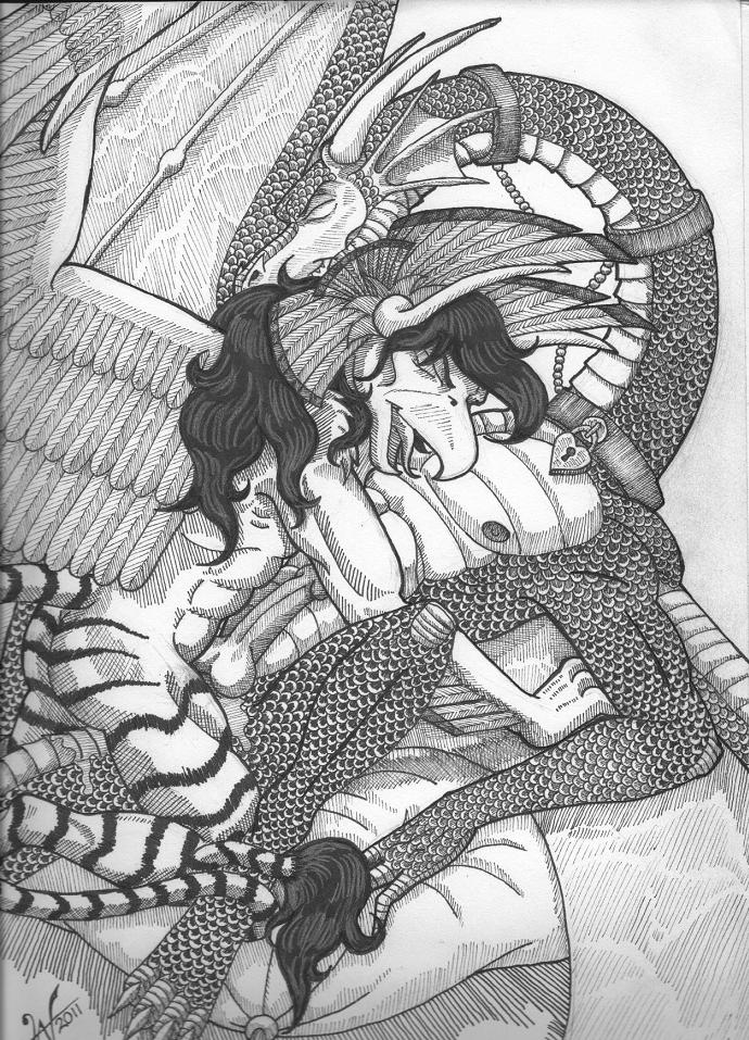 anal avian black_and_white chain collar dragon gay greyscale gryphon inked interspecies locks male monochrome pillow purplegriffin scales tails wings