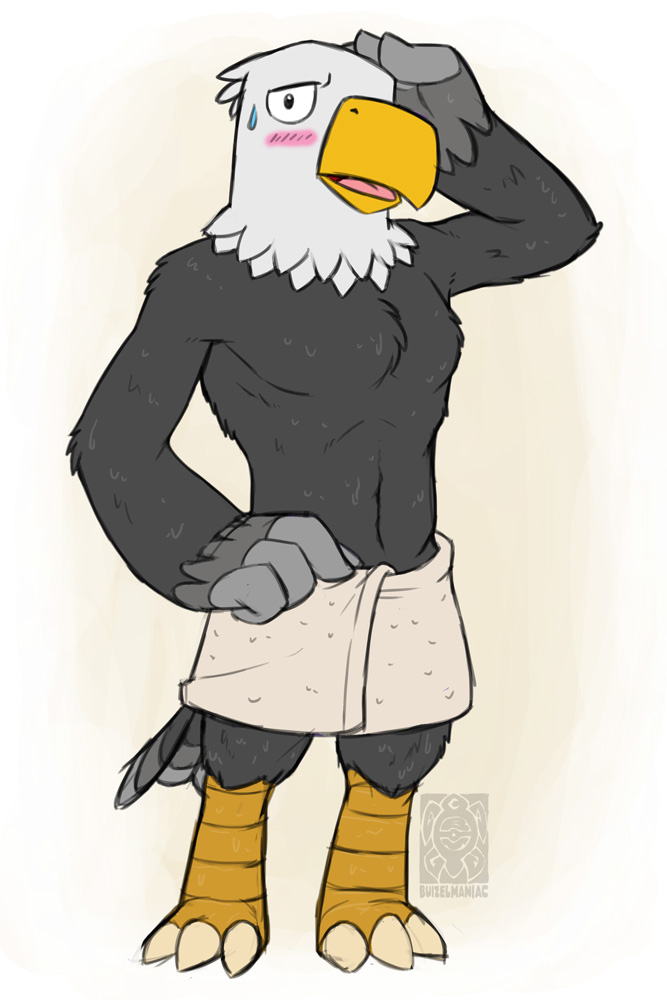 abs animal_crossing anthro apollo avian beak biceps bird blush buizelmaniac chest_tuft eagle feathers fur male muscles nintendo open_mouth pecs plain_background pose solo standing sweat talons tongue topless towel tuft video_games wet white_background