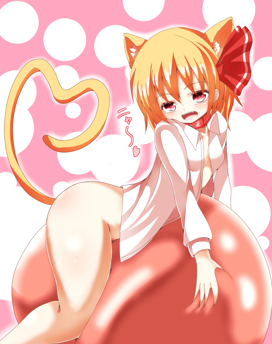 animal_ears ass blonde_hair blush bottomless breasts cat_ears cat_tail dress_shirt fang hair_ribbon heart heart-shaped_pupils heart_tail highres long_sleeves naked_shirt no_bra open_clothes open_mouth open_shirt red_eyes ribbon roro_(sghona10) rumia shirt short_hair smile solo symbol-shaped_pupils tail touhou white_shirt