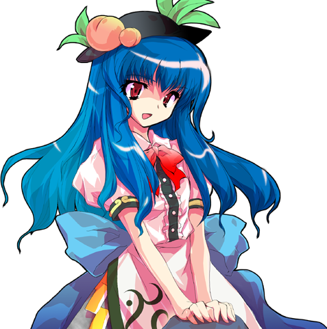 alphes blue_hair food fruit hat hinanawi_tenshi long_hair lowres official_art open_mouth peach red_eyes scarlet_weather_rhapsody short_sleeves solo touhou transparent_background