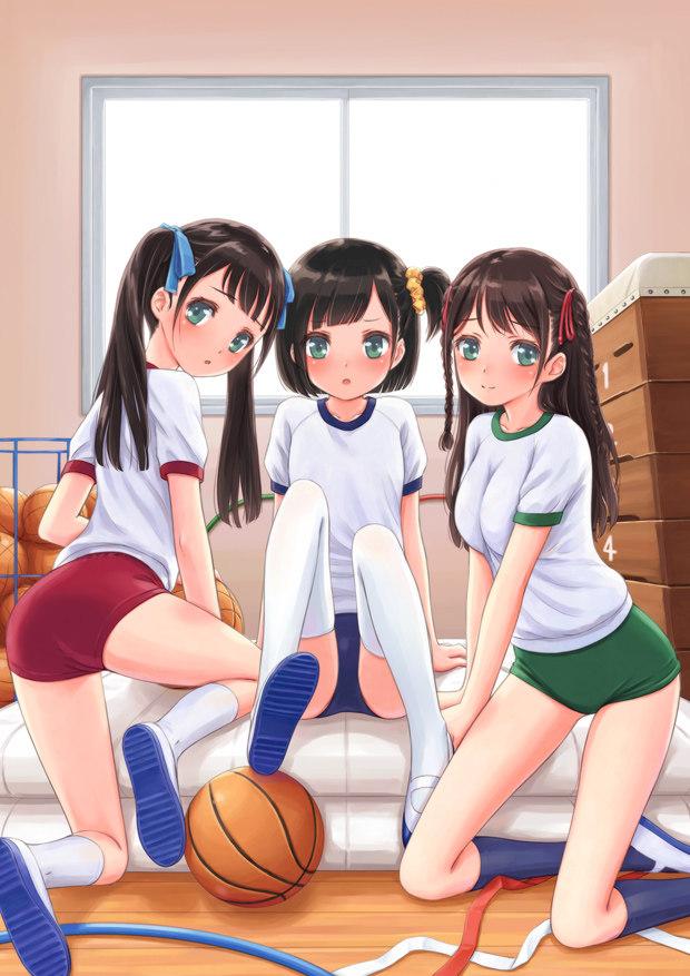 3girls :o arm_support ass backlighting bangs basketball black_hair blue_buruma blue_ribbon blush braid breasts buruma commentary_request dktaka from_behind green_buruma green_eyes gym_shirt gym_storeroom gym_uniform hair_ornament hair_ribbon hair_scrunchie indoors kneeling leaning_back leaning_forward leg_up legs long_hair looking_at_viewer looking_back mat multiple_girls one_side_up open_mouth original partial_commentary red_buruma ribbon scrunchie shirt shoes short_hair short_sleeves sitting small_breasts smile thighhighs twintails two_side_up uwabaki vaulting_horse white_footwear white_shirt window wooden_floor yellow_scrunchie