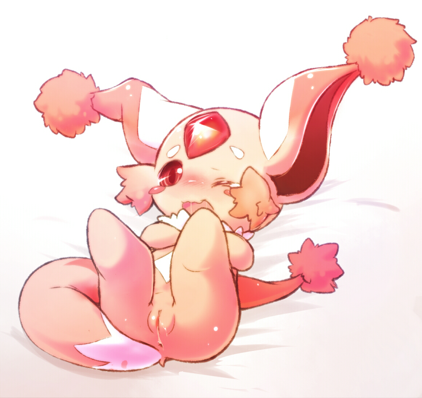 blush chibi cub cum eyebrows female feral fur gem legs_up lying on_back one_eye_closed open_mouth presenting pussy puzzle_&amp;_dragons red_carbuncle red_eyes red_fur saliva simple_background solo toony video_games wink young