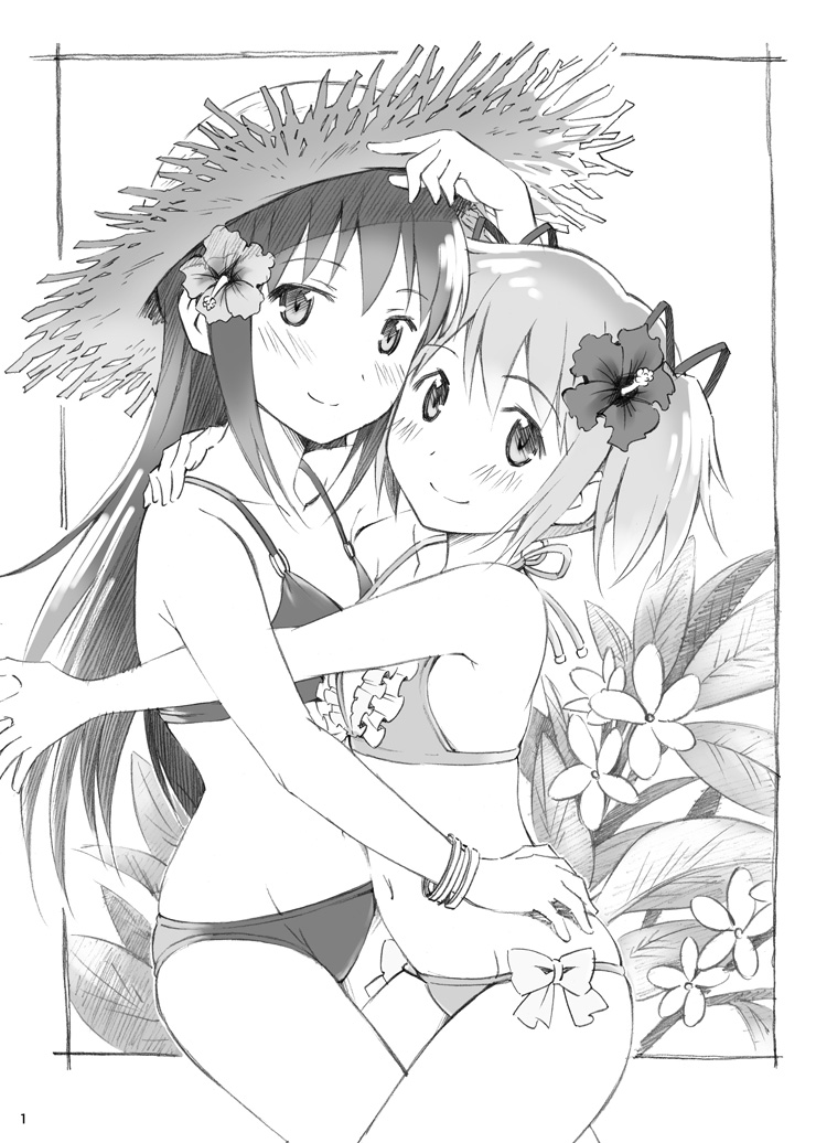 akemi_homura ayukko_(forest_village) bare_shoulders bikini blush bracelet cheek-to-cheek collarbone couple cowboy_shot flat_chest flower greyscale hair_flower hair_ornament hair_ribbon hand_on_another's_hip hand_on_shoulder hat hibiscus hug jewelry kaname_madoka looking_at_viewer mahou_shoujo_madoka_magica monochrome multiple_girls plant ribbon simple_background standing straw_hat sun_hat swimsuit tareme thighs white_background yuri