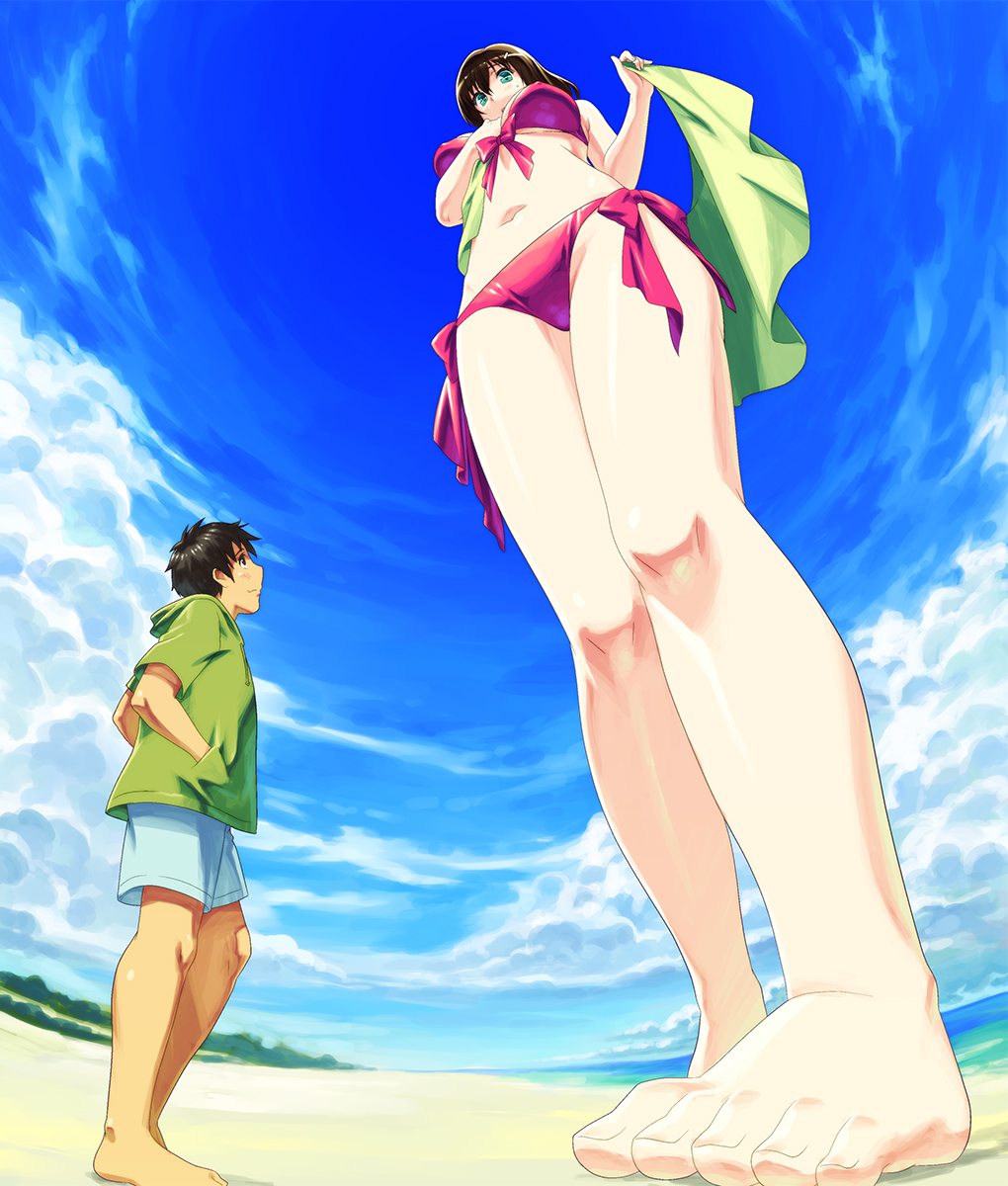 1girl aqua_eyes barefoot beach bikini black_hair cloud day feet fisheye foreshortening from_below front-tie_top giantess hands_in_pockets highres hood hoodie navel original outdoors perspective red_bikini shiny shiny_skin shorts side-tie_bikini sky swimsuit teston toes towel