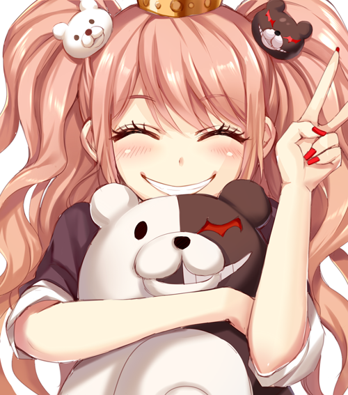 ^_^ bear_hair_ornament blonde_hair blush closed_eyes crown danganronpa danganronpa_1 enoshima_junko grin hair_ornament hug long_hair momoko_(momopoco) monokuma nail_polish sleeves_rolled_up smile solo spoilers twintails v