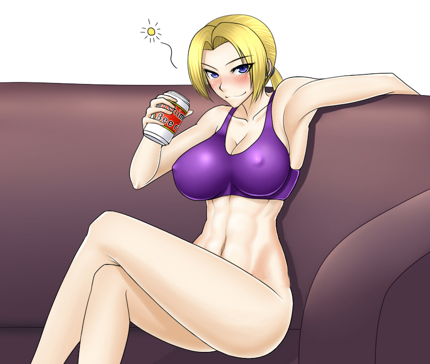 1girl abs alcohol beer blonde_hair blue_eyes blush bottomless bra breasts can cleavage couch covered_nipples do_konjouuo drunk erect_nipples hot large_breasts legs long_hair naked_from_the_waist_down nina_williams ponytail solo sports_bra tekken toned underwear underwear_only