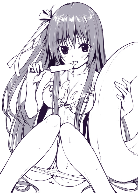 bikini bikini_pull blush breasts cleavage food hair_ribbon innertube knees_together_feet_apart large_breasts long_hair messy monochrome one_side_up original oryou popsicle ribbon sexually_suggestive simple_background solo swimsuit tongue tongue_out white_background