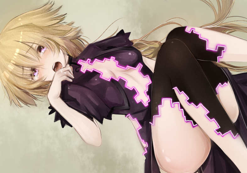 alternate_costume arched_back blonde_hair breasts crying crying_with_eyes_open digital_dissolve fate/apocrypha fate_(series) jeanne_d'arc_(fate) jeanne_d'arc_(fate)_(all) knees_together_feet_apart long_hair looking_at_viewer lying moaning non-web_source open_mouth purple_eyes small_breasts solo tears tusia