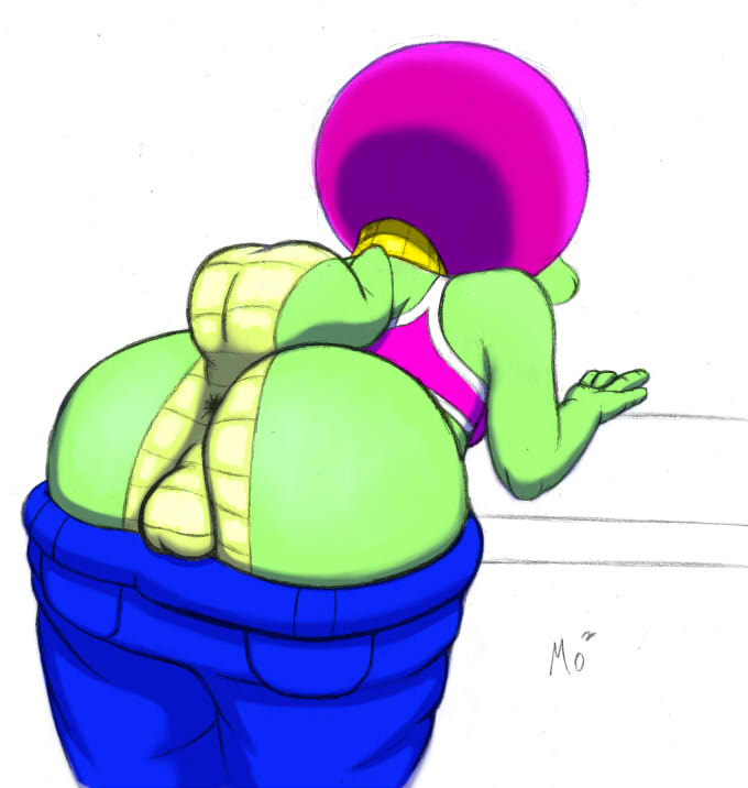 anthro anus back_turned balls breasts butt crocodile crossgender dickgirl donkey_kong_(series) from_behind intersex kalypso kremling nintendo penis raised_tail renabu reptile scalie solo video_games