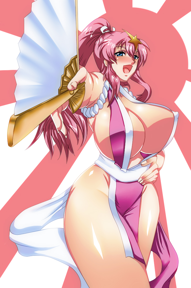 1girl artist_request breasts cleavage cosplay covered_nipples erect_nipples fan fatal_fury gundam gundam_seed gundam_seed_destiny happy huge_breasts king_of_fighters legs looking_at_viewer meer_campbell nipples no_bra open_mouth pink_hair ponytail shiny shiny_skin shiranui_mai shiranui_mai_(cosplay) sideboob snk solo star taroro tongue