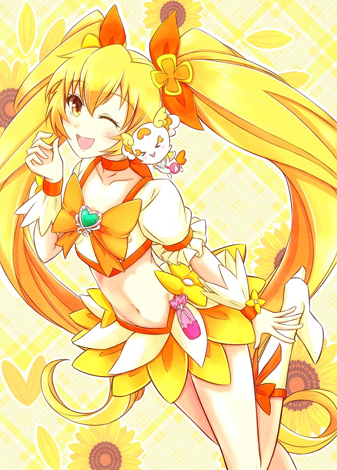 &gt;_&lt; blonde_hair boots bow choker closed_eyes cure_sunshine flower hair_ribbon heart heartcatch_precure! long_hair looking_at_viewer magical_girl midriff myoudouin_itsuki navel one_eye_closed orange_bow orange_choker potpourri_(heartcatch_precure!) precure ribbon skirt sunflower twintails wakataku wrist_cuffs yellow_background yellow_bow yellow_eyes