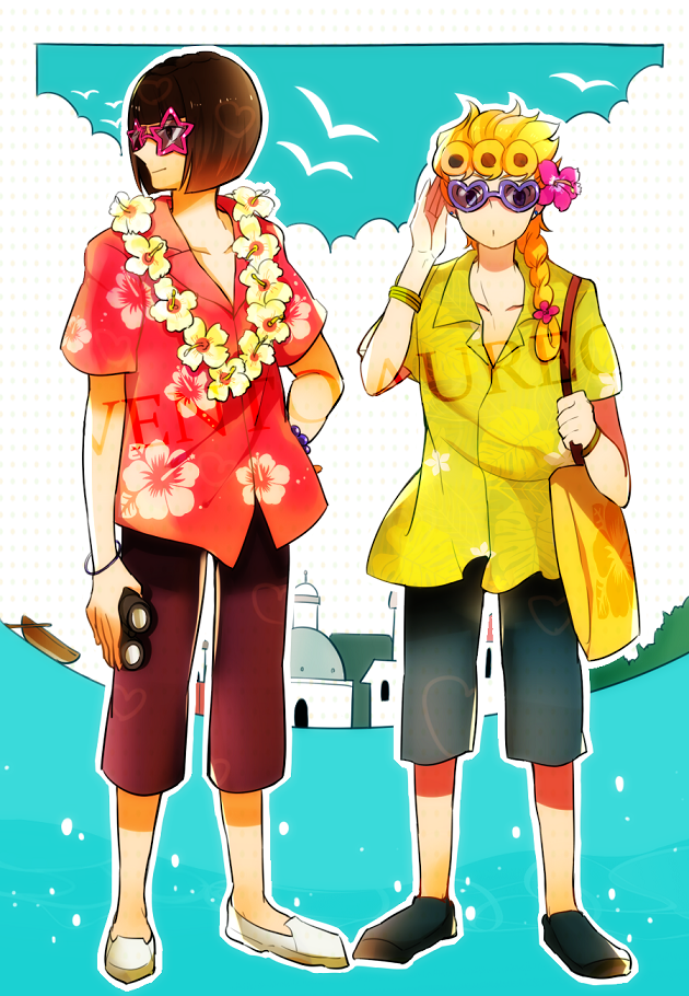 bad_id bad_pixiv_id black_hair blonde_hair bruno_buccellati casual flower flower_necklace giorno_giovanna jewelry jojo_no_kimyou_na_bouken lei multiple_boys necklace summer sunglasses xxxceller