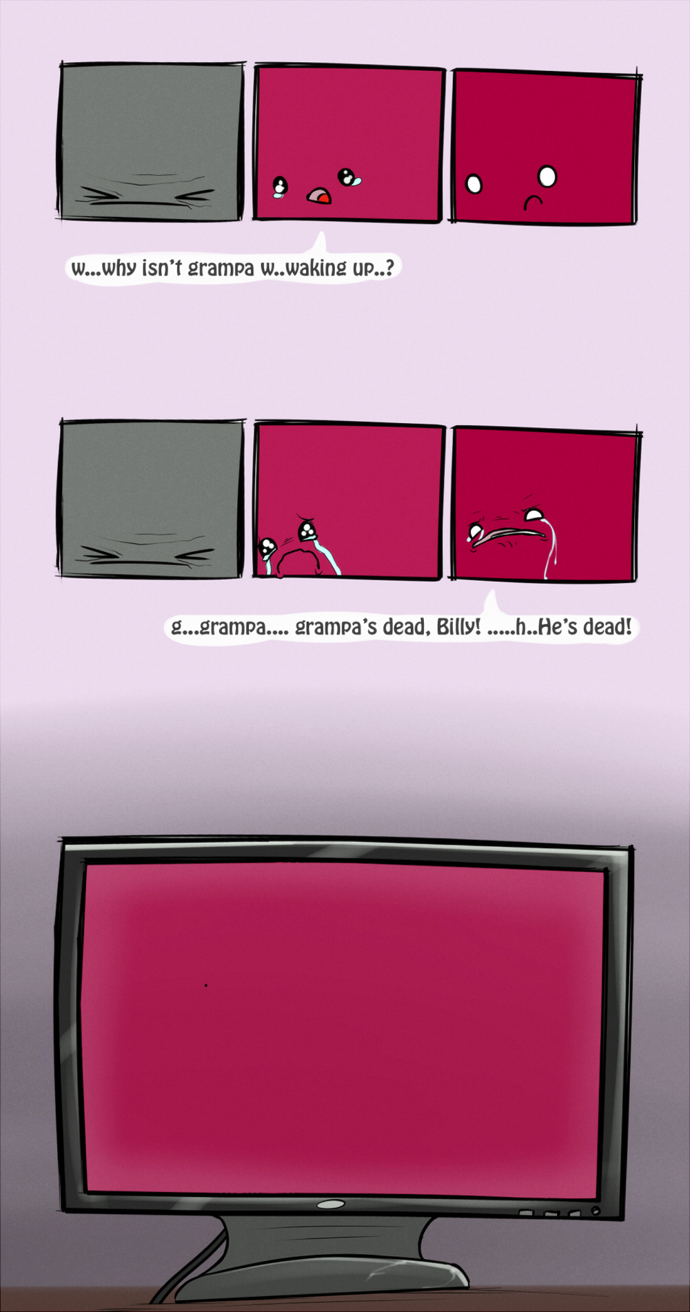 :c comic computer crying dead death dialog english_text eyes_closed frown gradient_background grey_background grey_body group humor monitor not_furry open_mouth plain_background red_body sad simple_background syynx tears text