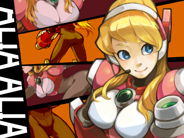 alia_(rockman) android arm_cannon armor ass back blonde_hair blue_eyes breasts character_name ckotnha diadem long_hair medium_breasts robot rockman rockman_x solo weapon