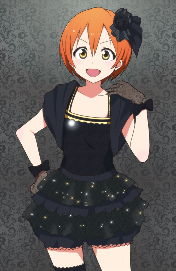 :d black_dress bow brown_hair dress floral_print flower gloves hair_flower hair_ornament hair_ribbon hand_on_hip hand_on_own_shoulder hoshizora_rin kidachi lace lace_gloves layered_dress love_live! love_live!_school_idol_project open_mouth print_gloves ribbon short_hair single_thighhigh smile solo sparkle thighhighs v-shaped_eyebrows yellow_eyes