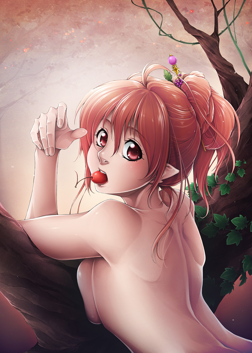 back branch breasts cherry food fruit highres large_breasts long_hair mouth_hold nishinomiya_sakuko nude original pointy_ears red_eyes red_hair sideboob solo