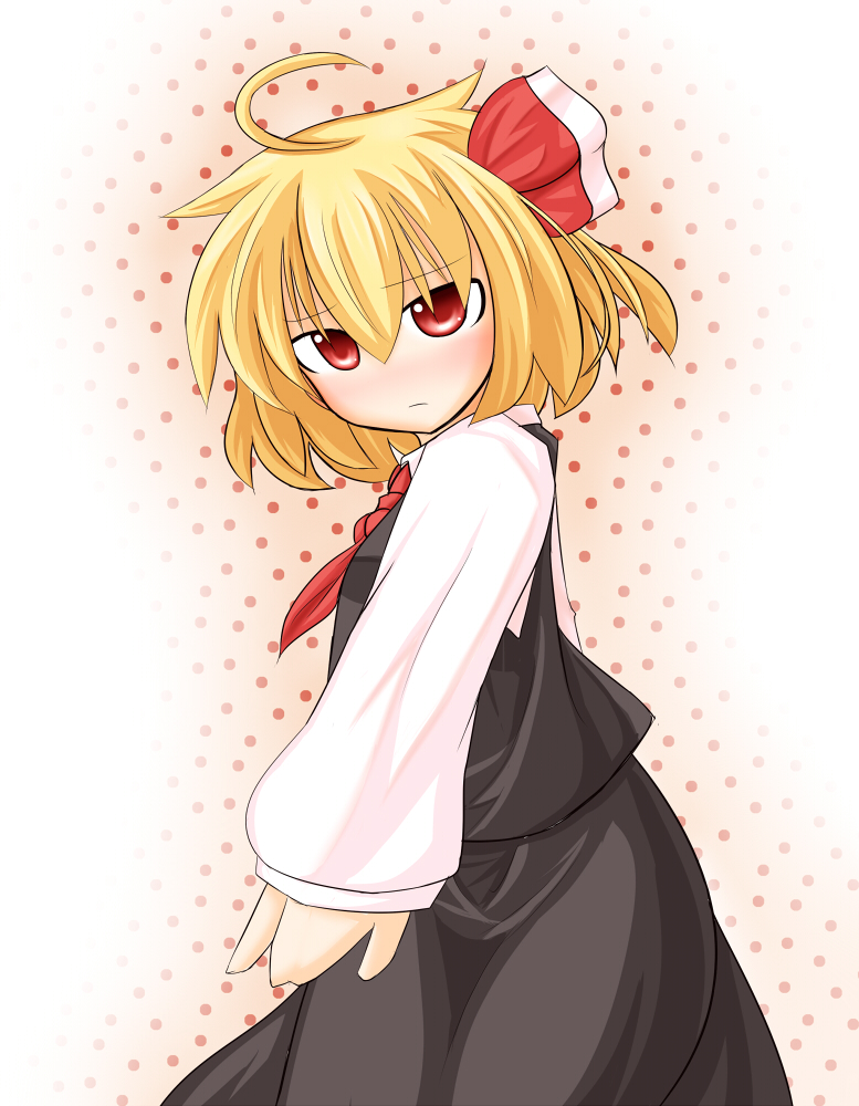 ahoge ascot blonde_hair blush fuurai_mamuru hair_ribbon long_sleeves looking_at_viewer outstretched_arm outstretched_hand red_eyes ribbon rumia shirt shy skirt skirt_set solo touhou vest