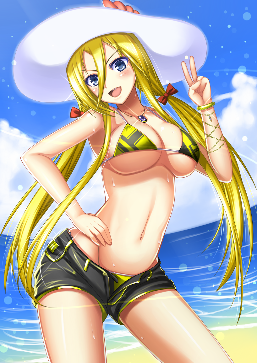 bad_id bad_pixiv_id beach bikini blonde_hair blue_eyes blush bow bracelet breasts cloud day fisheye hair_bow hand_on_hip hat jewelry large_breasts lily_(vocaloid) long_hair navel open_fly open_mouth outdoors pendant shibata_mai shiny shiny_skin shorts sky smile solo sun_hat swimsuit twintails unzipped v vocaloid