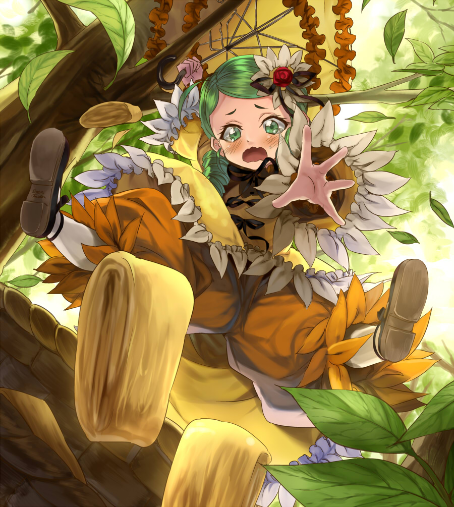 blush dress dropping flower green_eyes green_hair hair_flower hair_ornament hanging_from_tree kabocha_(monkey4) kanaria long_sleeves open_mouth outstretched_arm outstretched_hand pants pants_under_dress parasol rozen_maiden solo tears tree umbrella underwear wavy_mouth wide_sleeves yellow_dress
