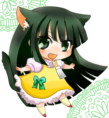 :3 animal_ears black_eyes black_hair cat_ears cat_tail chibi commentary_request dress fang green_eyes green_hair kagami_kuro kodomo_no_jikan long_hair looking_at_viewer lowres mashu07 open_mouth smile solo tail