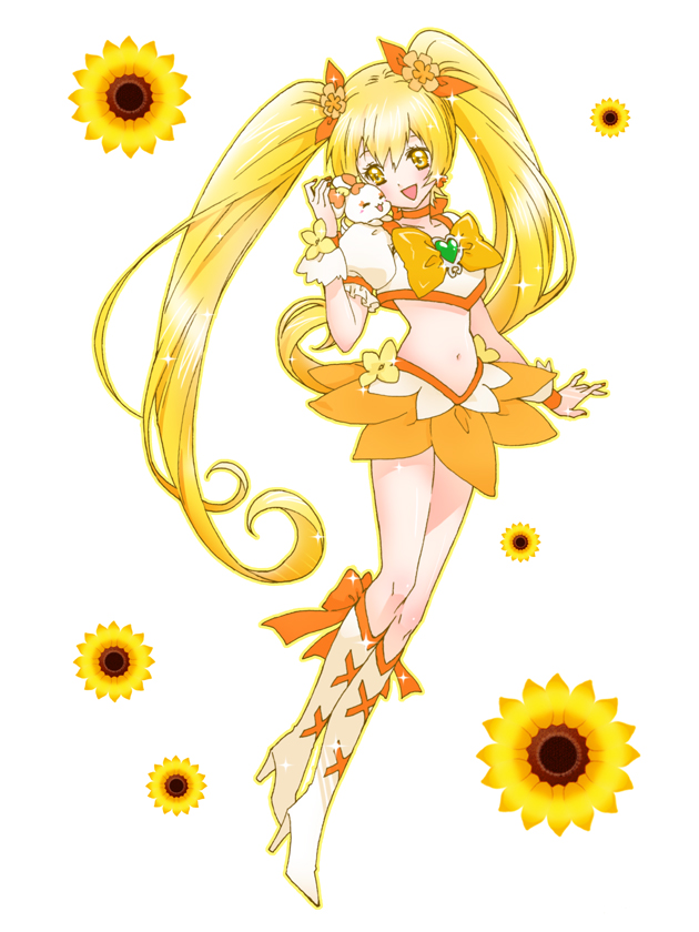 blonde_hair boots bow brooch chimu_(chimoon) choker creature cure_sunshine flower full_body heartcatch_precure! jewelry knee_boots long_hair magical_girl midriff myoudouin_itsuki navel orange_bow orange_choker orange_skirt potpourri_(heartcatch_precure!) precure ribbon skirt smile sunflower twintails white_background wrist_cuffs yellow_eyes