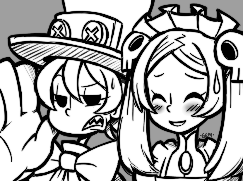 artist_name bad_id bad_pixiv_id bloody_marie_(skullgirls) blush bow child closed_eyes gias-ex-machella gloves greyscale hair_ornament hat monochrome multiple_girls open_mouth peacock_(skullgirls) sharp_teeth short_hair simple_background skull_hair_ornament skullgirls smile sweatdrop teeth top_hat twintails