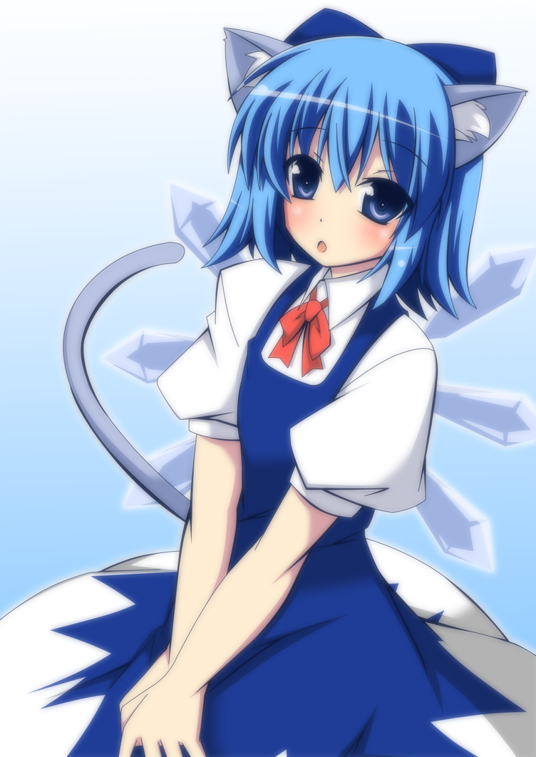:o animal_ears blue_eyes blue_hair blush cat_ears cat_tail cirno hair_ribbon ice ice_wings kemonomimi_mode masiromu open_mouth puffy_sleeves ribbon short_hair short_sleeves solo tail touhou v_arms wings