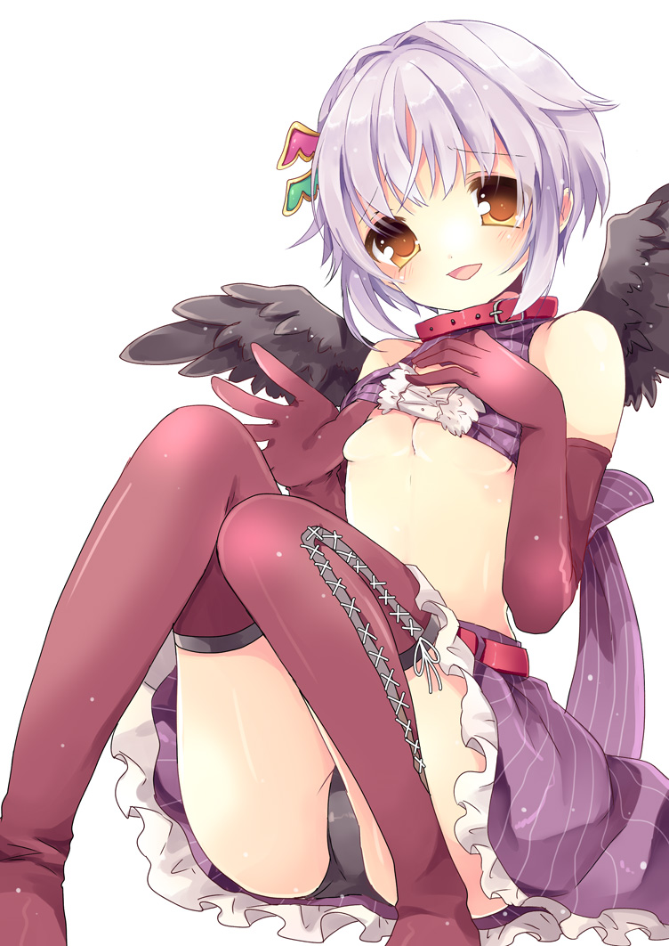 bare_shoulders black_panties black_wings breasts cleavage_cutout elbow_gloves gloves hand_on_own_chest head_tilt heart_cutout idolmaster idolmaster_cinderella_girls knees_together_feet_apart knees_up koshimizu_sachiko kosuzume looking_at_viewer medium_breasts open_mouth panties pinstripe_pattern red_gloves short_hair simple_background solo striped thighhighs underboob underwear white_background wings yellow_eyes