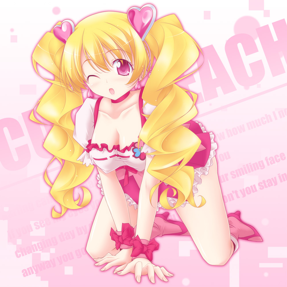 ;o all_fours blonde_hair boots bow breasts character_name choker cleavage covered_nipples cure_peach curly_hair earrings fresh_precure! full_body hair_ornament hanging_breasts heart heart_hair_ornament jewelry kikuchi_tsutomu knee_boots large_breasts long_hair magical_girl momozono_love one_eye_closed pink_background pink_bow pink_choker pink_eyes pink_footwear precure shiny shiny_skin shirt skirt solo taut_clothes taut_shirt text_focus twintails wrist_cuffs