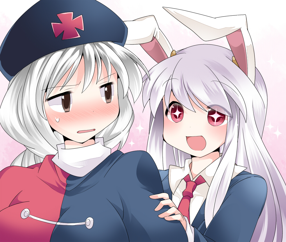 2girls animal_ears arm_grab bad_id bad_pixiv_id blazer blue_eyes blush braid breasts bunny_ears check_translation commentary_request dress grey_eyes hammer_(sunset_beach) hat jacket large_breasts long_hair long_sleeves multiple_girls necktie nurse_cap open_mouth purple_hair red_eyes red_neckwear reisen_udongein_inaba shirt short_sleeves silver_hair smile sparkle sweatdrop symbol-shaped_pupils touhou translation_request yagokoro_eirin