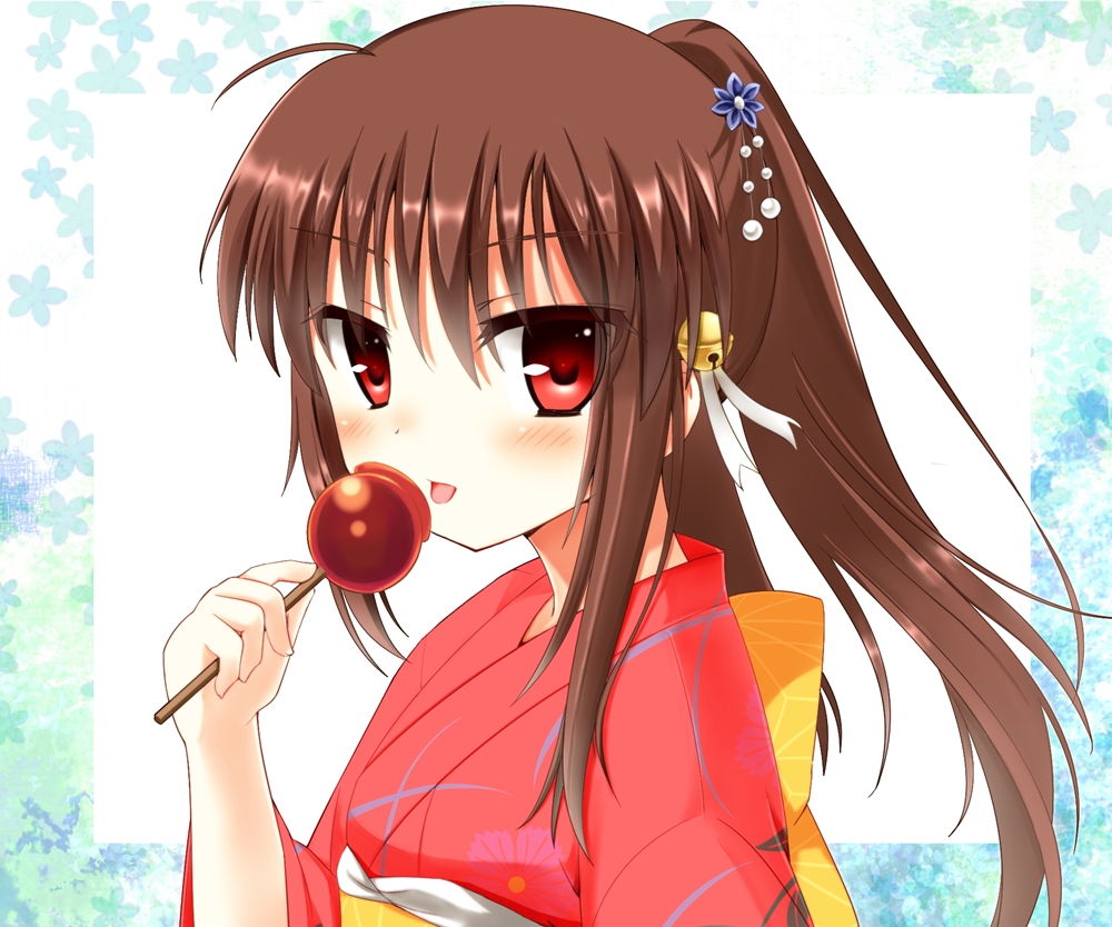 bad_id bad_pixiv_id brown_hair candy_apple food japanese_clothes kimono kurose_yuuki licking little_busters! long_hair natsume_rin ponytail red_eyes yukata