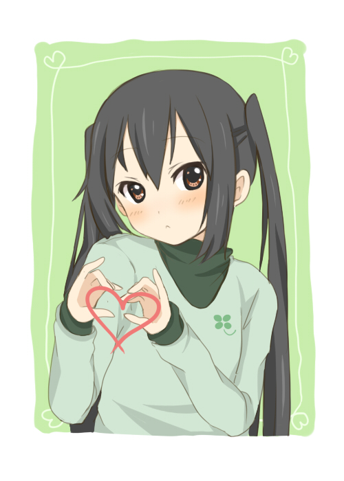 blush green_background heart heart_hands k-on! long_hair mushi_baibai nakano_azusa simple_background solo