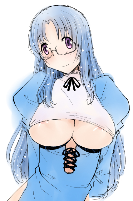areola_slip areolae arms_behind_back blue_hair breasts glasses huge_breasts katatsuka_kouji long_hair looking_at_viewer original purple_eyes simple_background smile solo underboob white_background