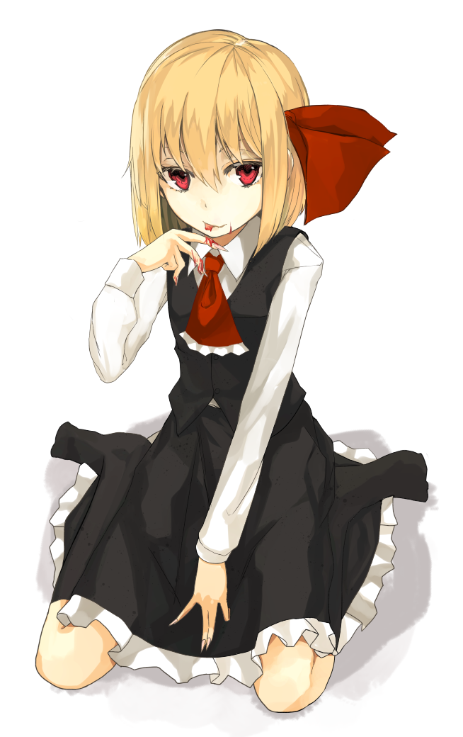 ascot bad_id bad_pixiv_id blonde_hair blood frills hair_ribbon long_sleeves looking_at_viewer miruto_netsuki red_eyes ribbon rumia short_hair simple_background sitting skirt smile solo tongue tongue_out touhou vest white_background